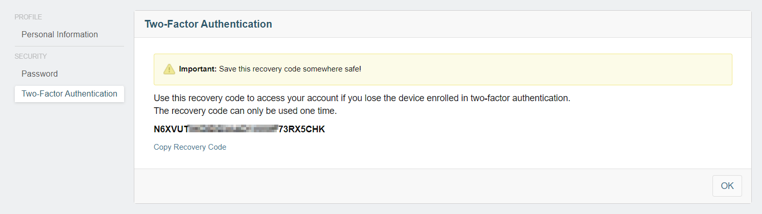 Viewing your 2FA recovery code