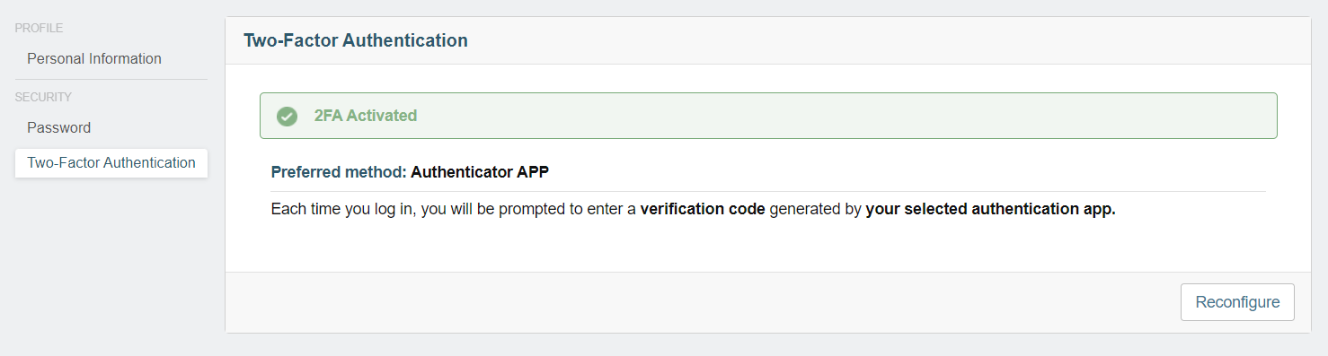 Configuración satisfactoria de 2FA mediante una aplicación de autenticación