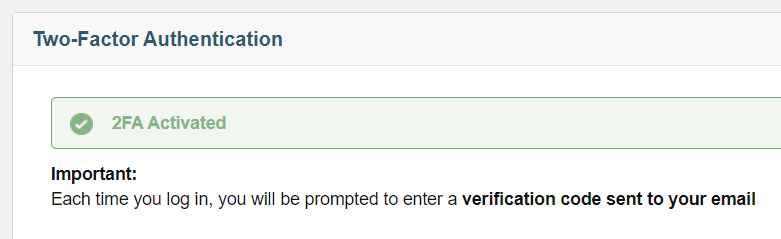 Successful setup of 2FA using email