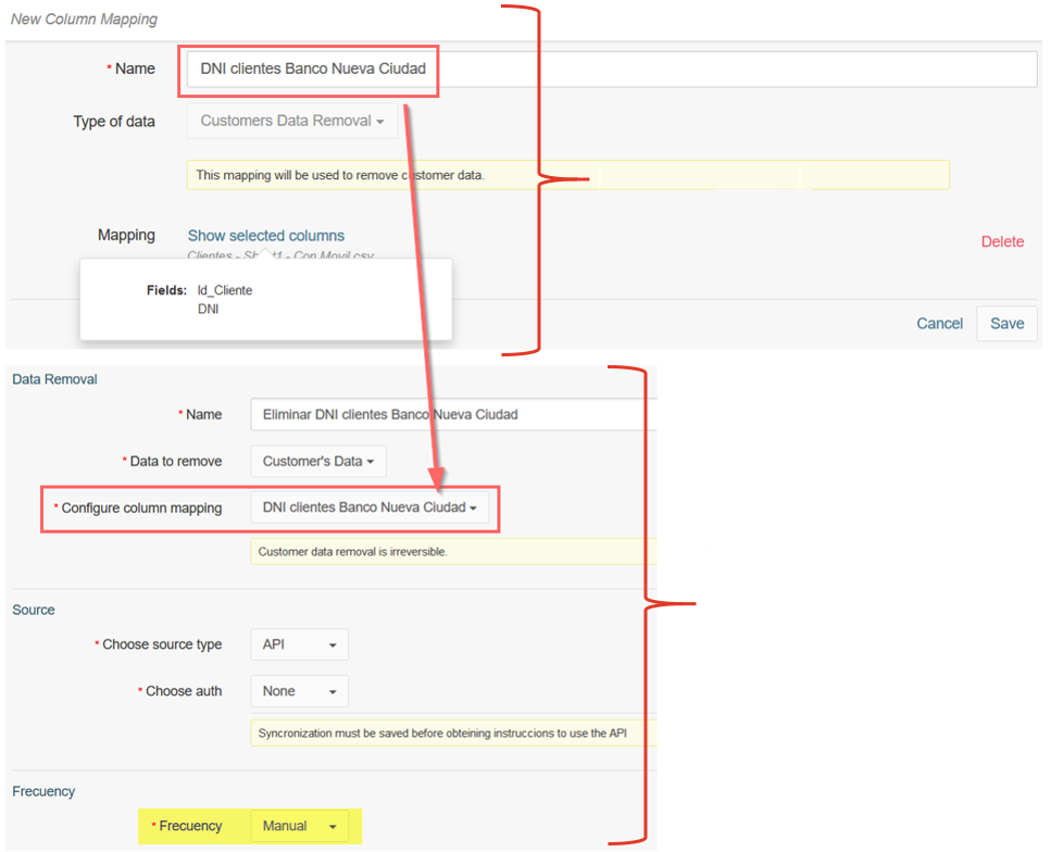 Column mapping for customer data removal