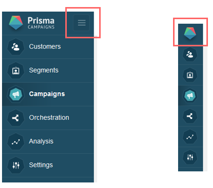 Barra de menús de Prisma Campaigns