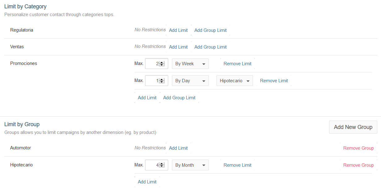 Contact policies with category and product limits