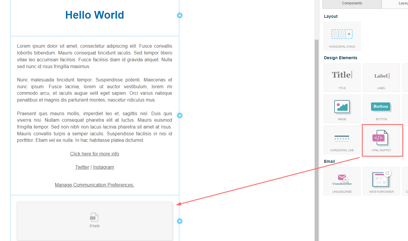 Using an HTML snippet in the designer