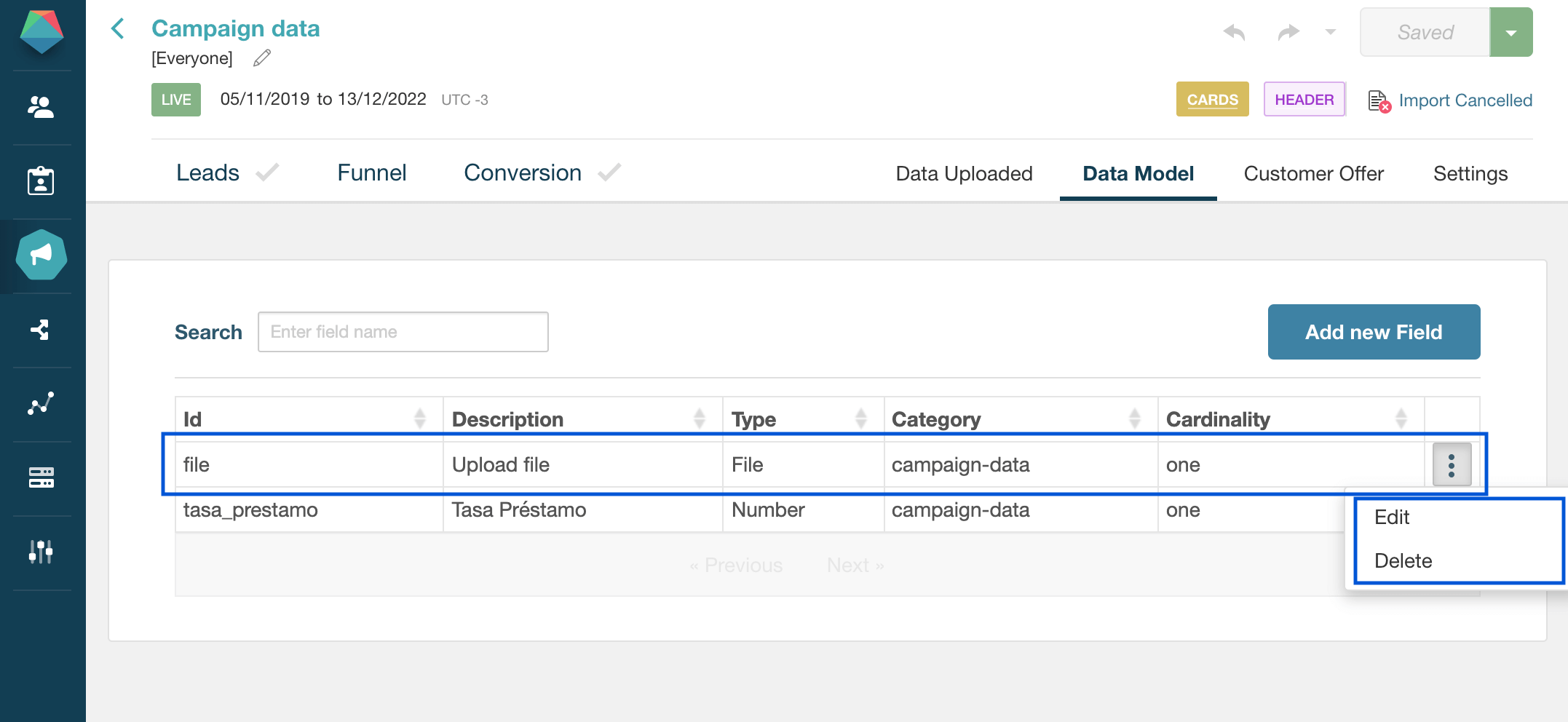 Editar o eliminar campos del modelo de datos de la campaña