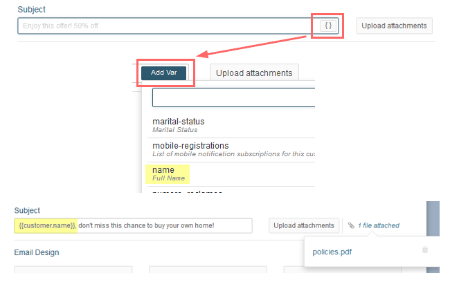 Using variables in the message subject and adding attachmentsUso de variables en el asunto del mensaje y agregar archivos adjuntos