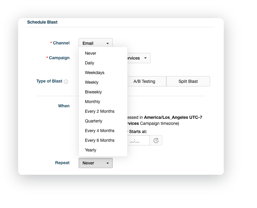 Schedule Blast form with the Repeat menu showing the new Every 2 Months, Quarterly, Every 4 Months and Every 6 Months options