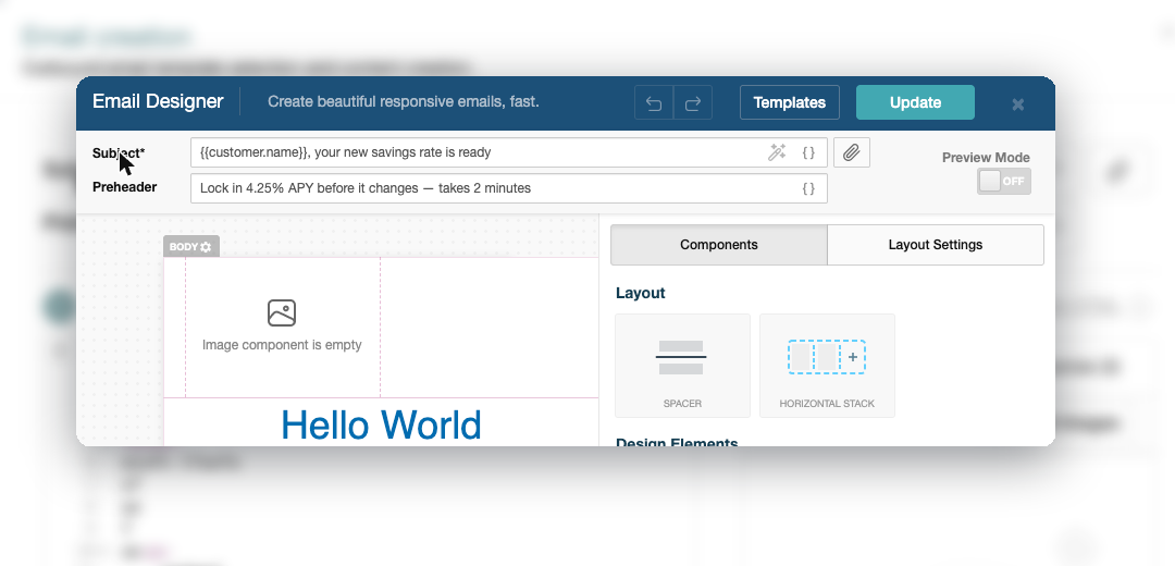 Subject and preheader fields in the email template editor