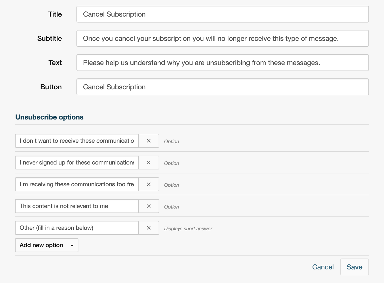 Editing the Unsubscribe from Campaign message