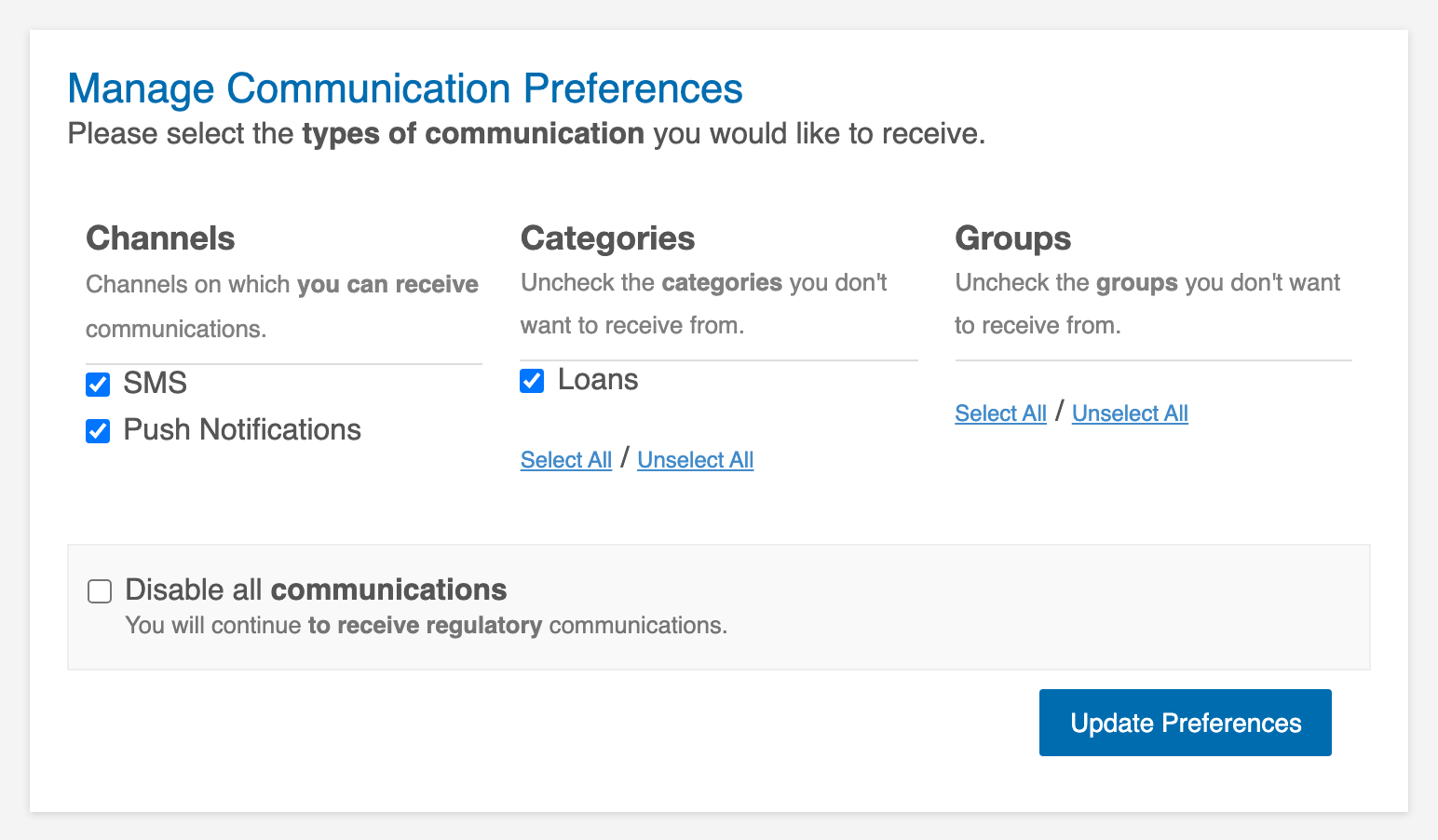 Communication preferences page