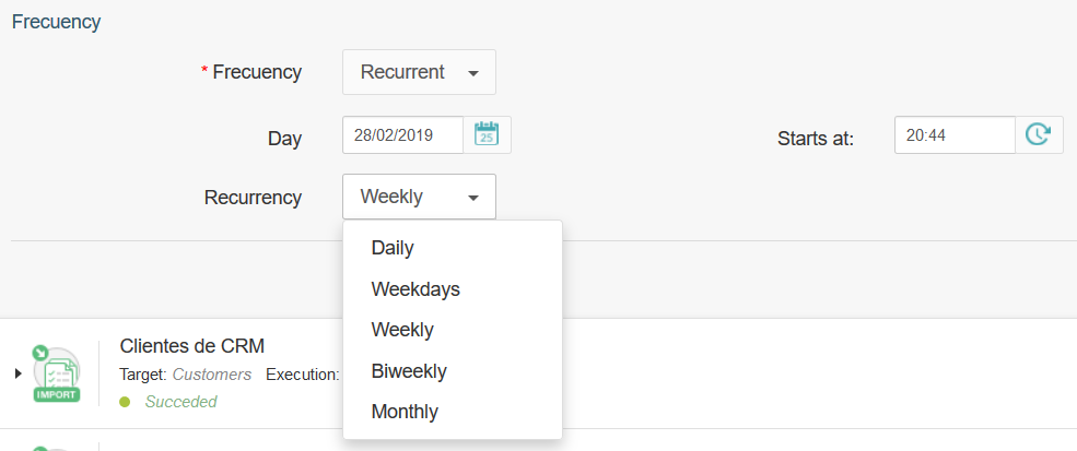 Detalle de configuración de sincronización recurrente