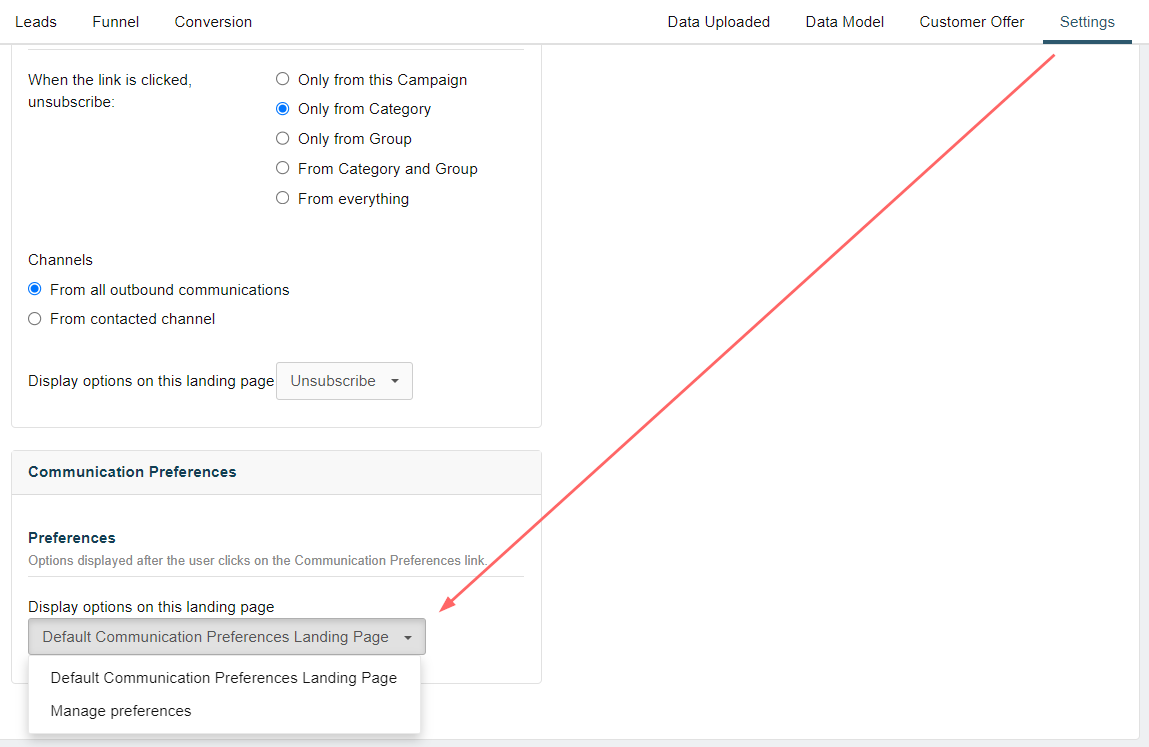 Selecting the communication preferences landing page