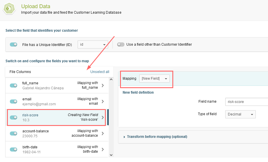 FIGURE 9: Map the fields of the customer file with the fields of Prisma Campaigns